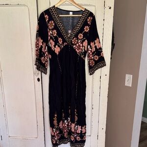 Black Floral Embroidered V-Neck Women’s Dress